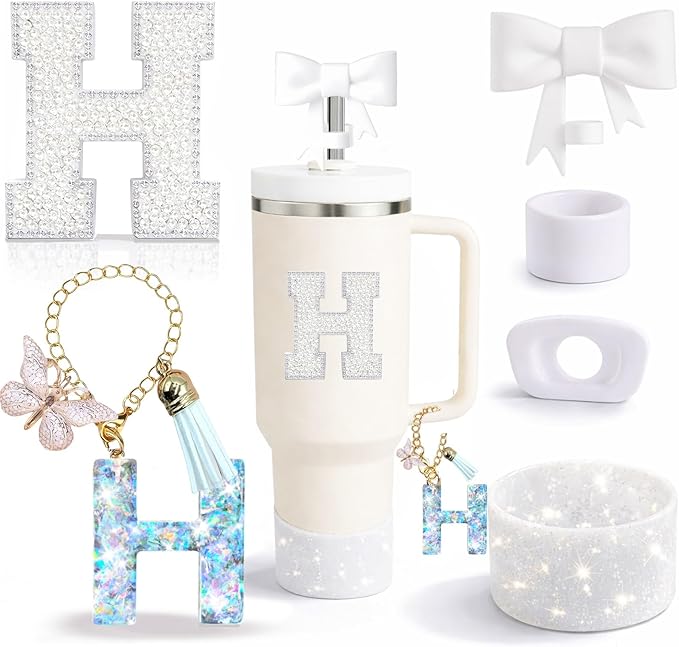 6PCS White Stanley Cup Accessories Set Fit for Stanley Cup 30oz 40oz. Including Handle Charm, Personalized Initial Sticker, Straw Topper, Sparkly Silicone Boot, Spill Proof Stopper (Letter-H)