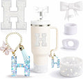 6PCS White Stanley Cup Accessories Set Fit for Stanley Cup 30oz 40oz. Including Handle Charm, Personalized Initial Sticker, Straw Topper, Sparkly Silicone Boot, Spill Proof Stopper (Letter-H)