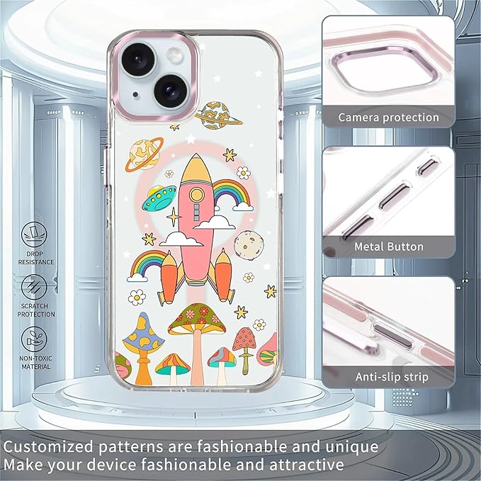 Case for iPhone 14 Plus/15 Plus,[Compatible with MagSafe],Spaceship Mushroom Phone Case Design，for Women Girls Magnetic Clear Cover - Slim, Sleek, & Shockproof Protection