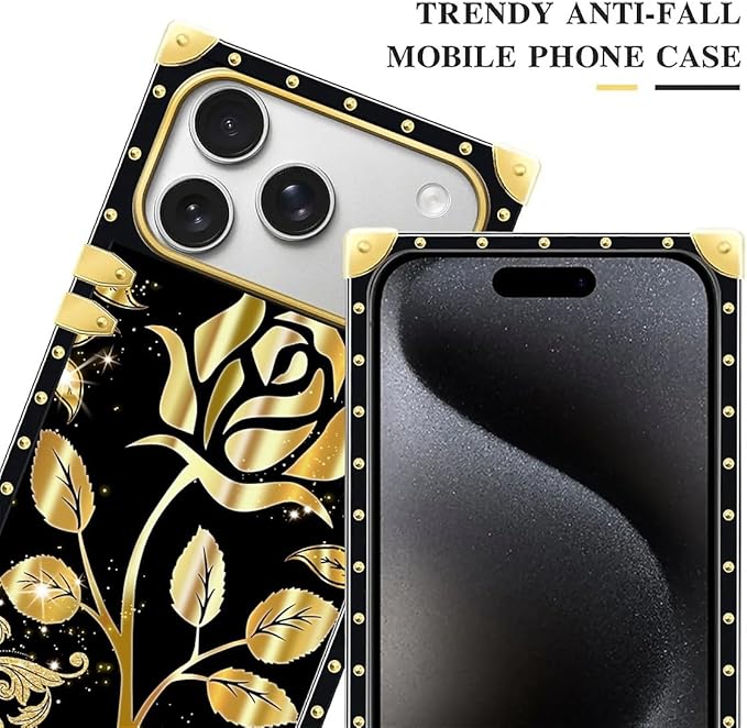 for iPhone 17 Pro Max Case Luxury Golden Decoration for Girl Women Soft TPU Shockproof Protective Hard PC Back for iPhone 17 Pro Max Crazy Pattern Shine Gold Rose