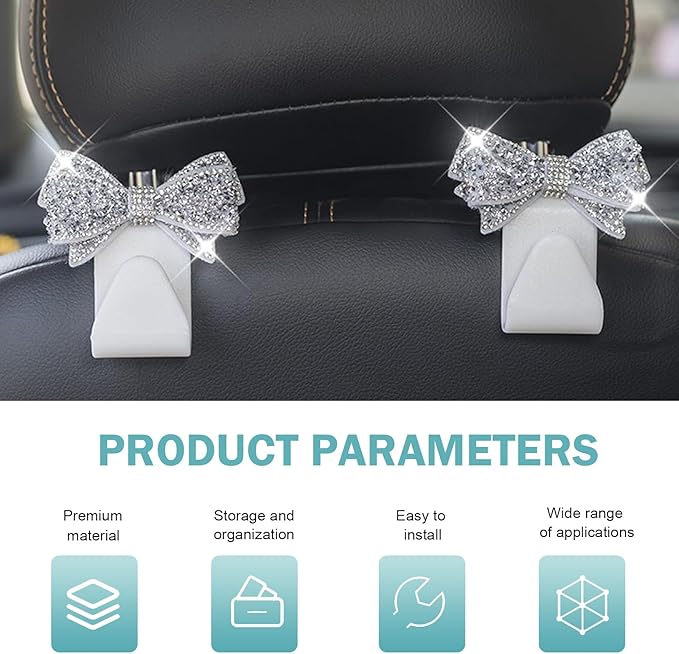 2 PCS Bling Bow Car Seat Headrest Hooks, Cute Rhinestone Bow Car Seat Back Storage Decor Hook, Multi-Purpose Rear Hanger Holder for Bags, Purse, Clothes (White)