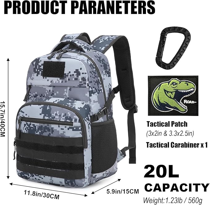 Kids Tactical Backpack Army Molle Bookbag Military Boys Backpack for School, Outdoor, Camping (Includes 2 Patches+1Carabiner), Black Digital CM