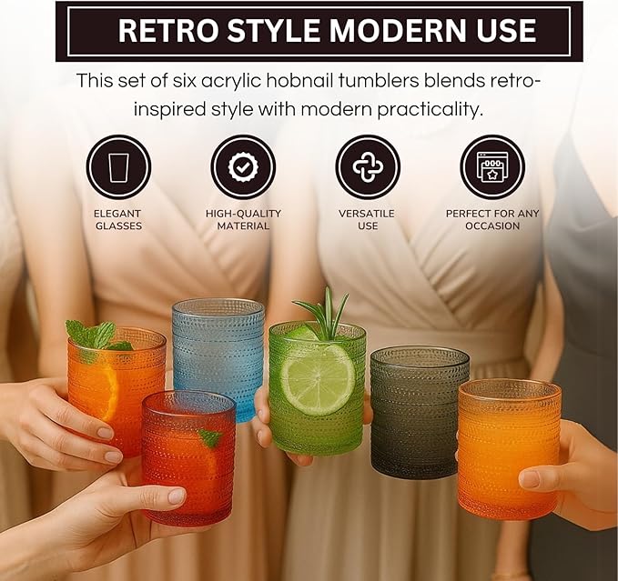 Khen Plastic Hobnail Drinking Glasses Set of 6 Neutral Tones Cups 10oz, Shatterproof & Unbreakable Acrylic Beaded Design, BPA-Free, Dishwasher Safe Indoor/Outdoor Drinkware for Water, Juice, Cocktails