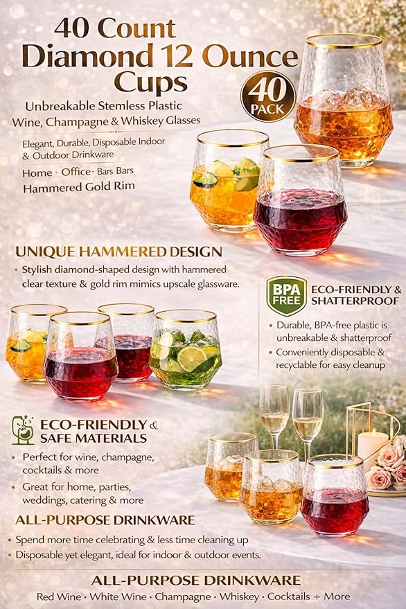 Oojami 40 count Diamond 12 Ounce Cups Unbreakable Stemless Plastic Wine Champagne Whiskey Glasses Elegant Durable Disposable Indoor Outdoor Ideal for Home, Office, Bars, Wedding, (Hammered Gold Rim)