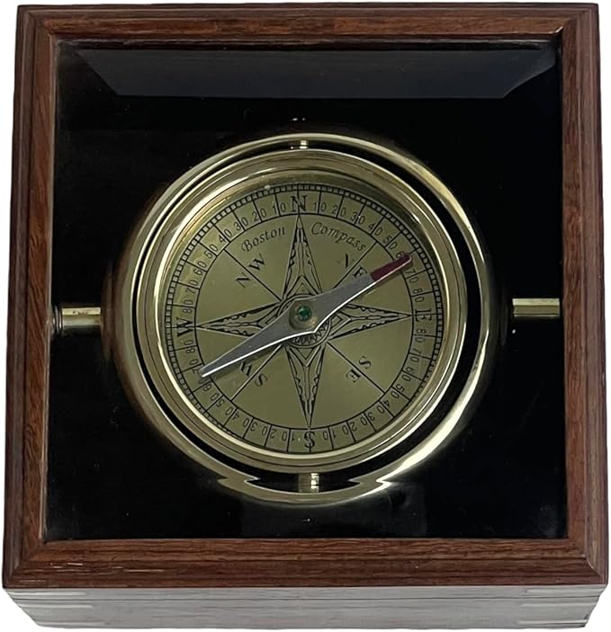 Brass Gimballed Compass in Wooden Box – Antique Nautical Decor & Functional Navigation Tool, 12 x 12 x 9 cm