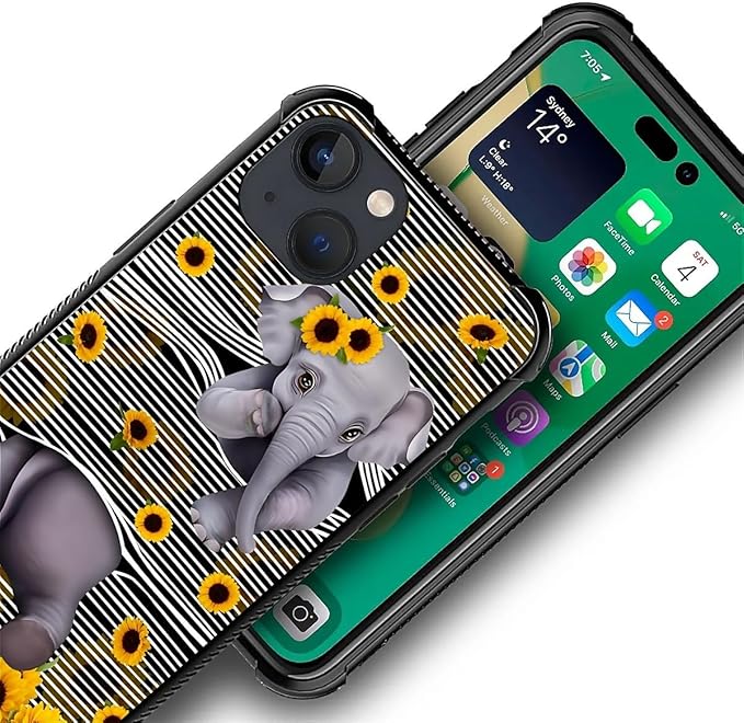 for iPhone 13 Case, Cute Little Elephant Sunflower White Line Art Pattern Graphic Design Girl Boy Soft Silicone Hard Acrylic Shock Protection for iPhone 13