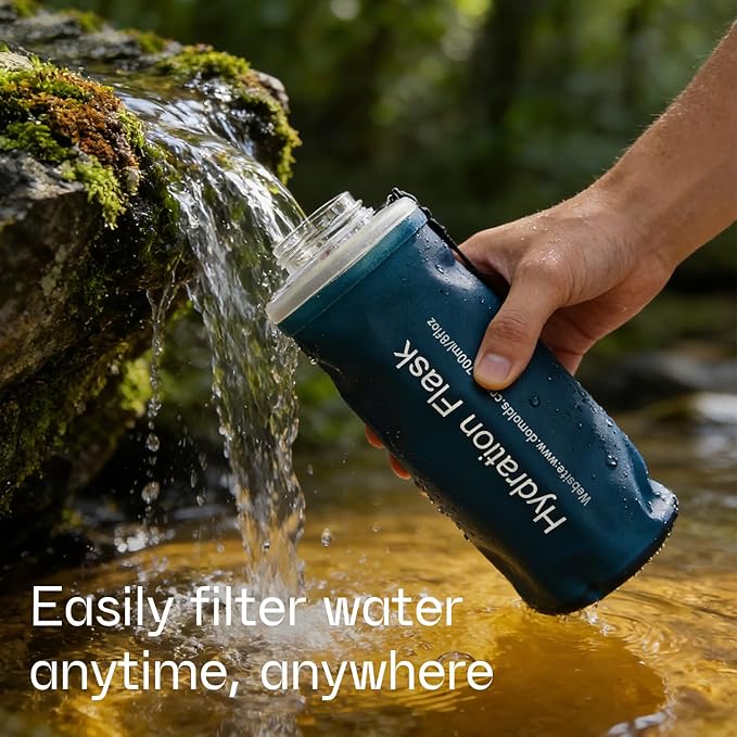 GUYI 500ml Collapsible Water Filter Bottle, Removes Impurities, BPA Free, Ultralight for Hiking, Camping, Cycling & Travel-Dusty Blue