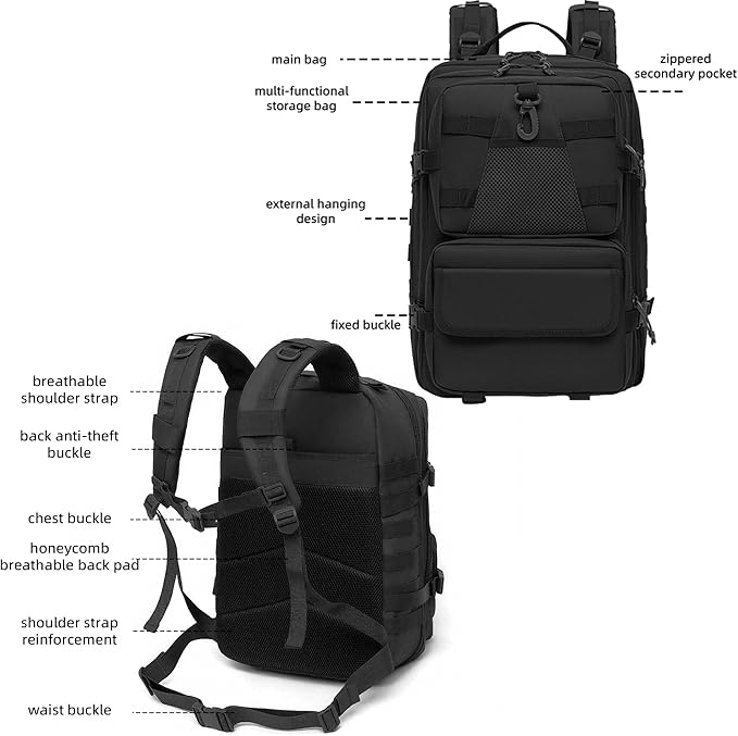 aiGear 50L Military Tactical Backpack 3 Days Assault Pack Large Day Backpack for Men Molle Army Bug Out Bag Waterproof Heavy Duty Hiking Trekking Rucksack - Black