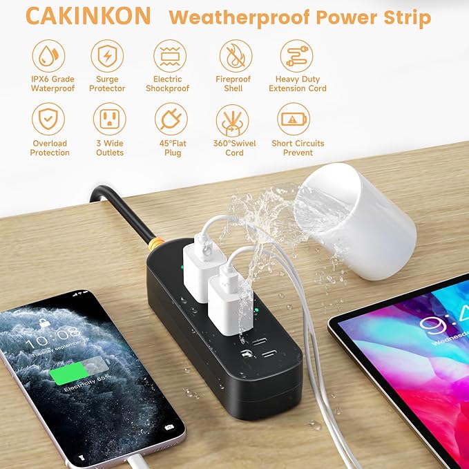 Outdoor Surge Protector Power Strip Weatherproof, 3 FT Extension Cord Outdoor Power Strip Waterproof with 3 AC Outlets, 1625W Overload Protection, for Camping, Home, Dorm, Office