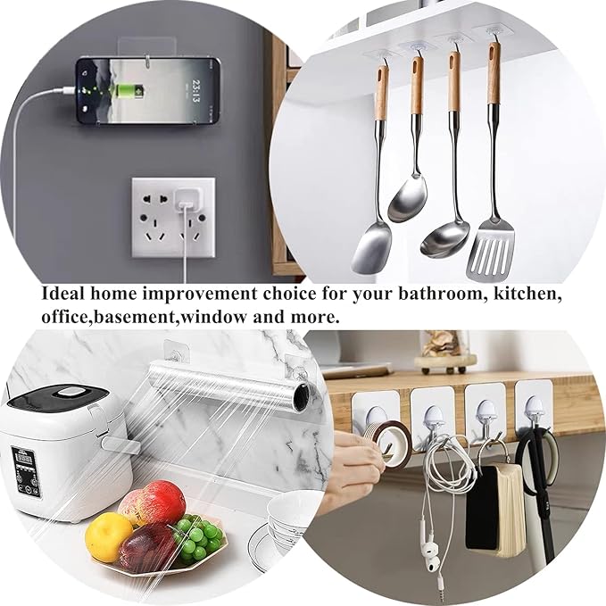 JINSHUNFA Adhesive Wall Hooks 13LB Heavy Duty No Drill Transparent Waterproof Hooks for Bathroom Kitchen Towel Coat 8 Pack