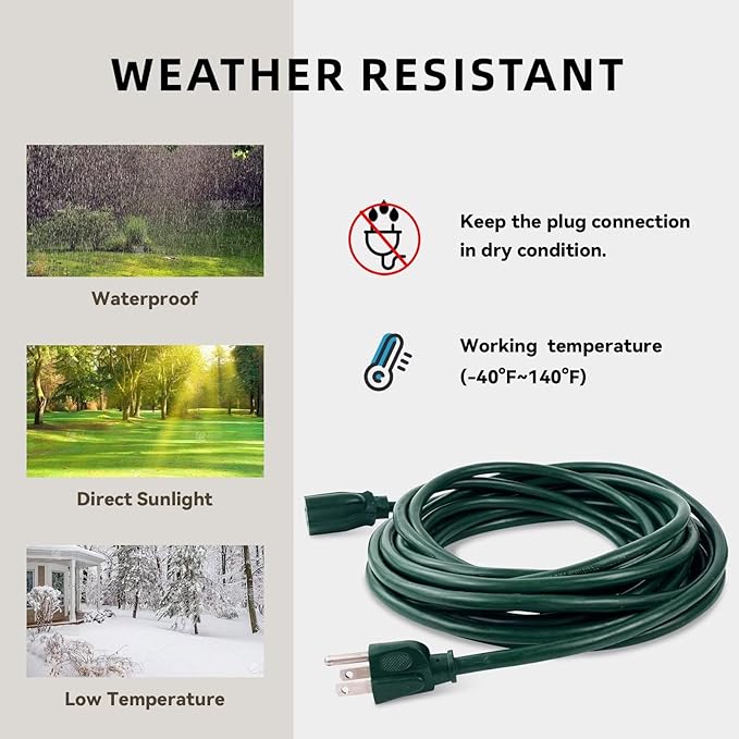 6ft Outdoor Extension Cord - 16/3 Heavy Duty SJTW Waterproof Green Electrical Cable with 3 Prong Grounded Plug for Safety, Great for Lawn and Major Appliances