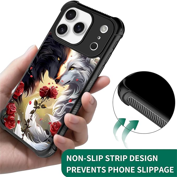 for iPhone 17 Pro Case,for MagSafe Graphic Design for Girl Boy Soft Silicone Hard Acrylic Shock Protection Designed for iPhone 17 Pro Black White Wolf Moon Flower Rose Pattern