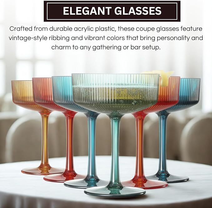 Khen Plastic Acrylic Ribbed Vintage Art Deco Martini, Champagne & Cocktail Retro Color Shatterproof Coupe Glasses | Set of 6 | 8 oz Ripple Glassware Classic Cocktail Indoor & Outdoor, European Style