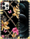 Compatible with iPhone 12 12 Pro Case, Pink Golden Chain Tropical Flower Luxury Golden Decoration for Girl Women Soft TPU Shockproof Protective Hard PC Back for iPhone 12 12 Pro