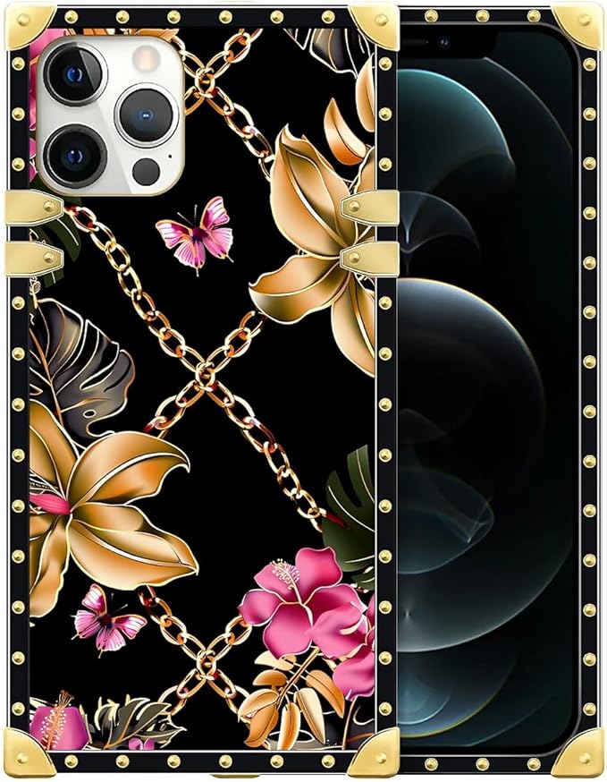 Compatible with iPhone 12 12 Pro Case, Pink Golden Chain Tropical Flower Luxury Golden Decoration for Girl Women Soft TPU Shockproof Protective Hard PC Back for iPhone 12 12 Pro