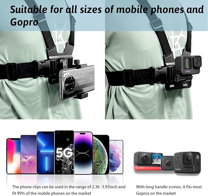 Mobile Phone Chest Strap-Headband First-Person Perspective Shooting Ideal for Outdoor Activities and Vlogging Suitable Fits Phones 2.36-3.93 inches Gopro Hero Full Series