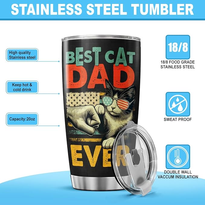 Best Cat Dad Ever 20oz Tumbler, Funny Fist Bump Design, Insulated Stainless Steel Travel Mug for Lovers, Ideal Birthday or Father's Day Gift