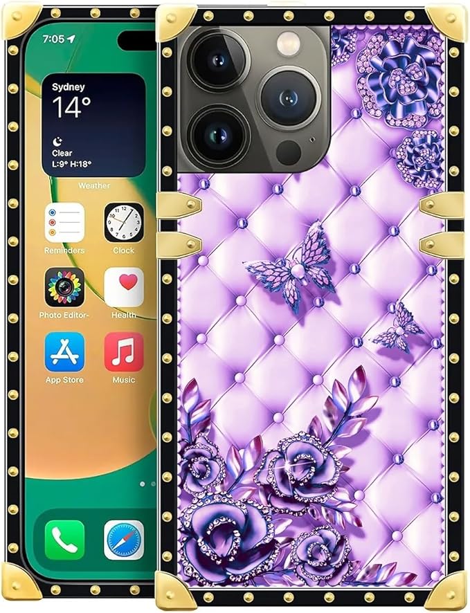 Compatible with iPhone 14 Pro Max Case, Purple Butterfly Flowers Leaf Luxury Golden Decoration for Girl Women Soft TPU Shockproof Protective Hard PC Back for iPhone 14 Pro Max