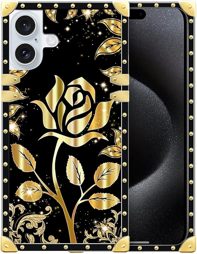 Compatible with iPhone 16 Case, Shine Gold Rose Luxury Golden Decoration for Girl Women Soft TPU Shockproof Protective Hard PC Back for iPhone 16