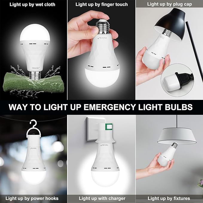 Ostwiki Rechargeable Light Bulbs,6 Pack Battery Operated Backup Emergency Light Bulb for Power Outage Camping Outdoor Hurricane 9W E27 8500K 1200mAh White Equivalent Self-Charging LED Light Bulbs