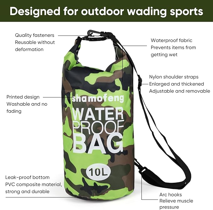 Waterproof Dry Bag 5L/10L/15L/20L/30L Roll Top Dry Storage Backpack with Phone Case, Collapsible Water Bottle, Sunglasses, Ear Band for Kayaking Boating Swimming Fishing Camping, Green 20L