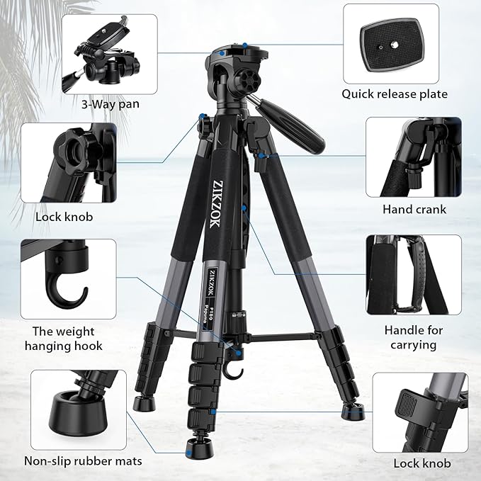 75" Camera Tripod, Heavy Duty Aluminum Camera Stand for ipad Phone, Travel Tripod with Remote/Carry Bag/Phone Tablet Holder, Compatible with DSLR, Spotting Scopes, Max Load 15 Lb(Grey)