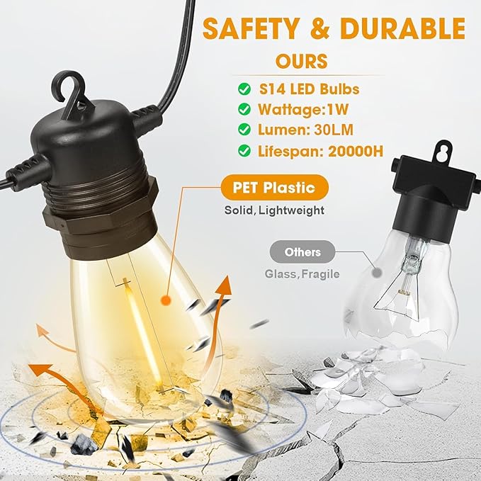 GvvooHome 50FT LED Outdoor String Lights with 16 Shatterproof Waterproof S14 Replaceable Bulbs(1 Spare), 2700K Commercial Grade Patio Lights, Outside Hanging Light for Yard Garden Porch Deck Decor