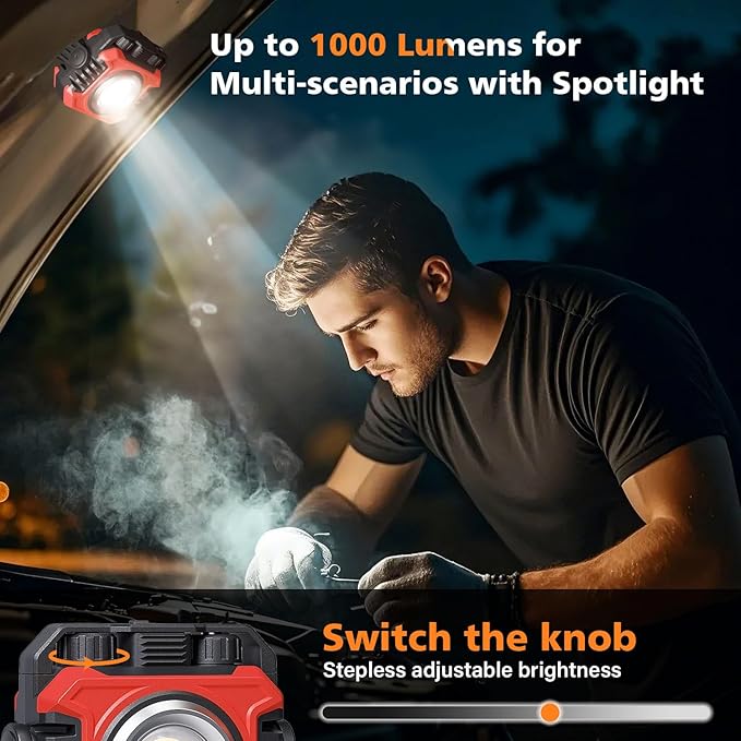 Samyoung 2-Pack 2400LM Magnetic Rechargeable Work Light, Dual-Sided LED Work Light, Up to 80 Hours Runtime, Stepless Dimming 2700K-8000K, Magnetic Flashlight with 360° Rotating Stand, Hook, Red