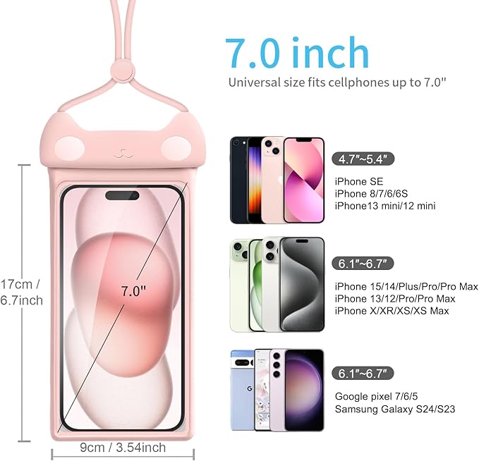wellhouse Waterproof Phone Pouch, Waterproof Phone Case for iPhone 17 16 15 14 13 Pro Max XS Samsung, IPX8 3D Cellphone Dry Bag Beach Essentials (2 Pack - Meow Pink & Blue7.0, 7 inch)