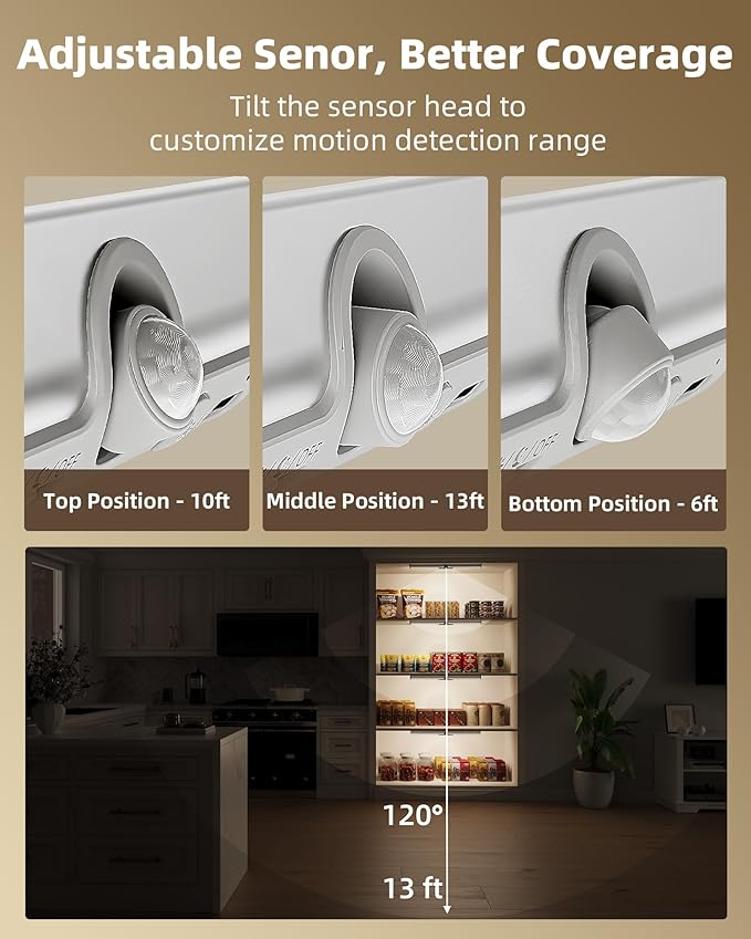 EZVALO 17-Inch Motion Sensor Closet Lights, 3600mAh Rechargeable Battery LED Cabinet Lights, 150 Lumens No-Glare Curved, 3 Color Temps & Dimmable Pantry Lights for Wardrobe, Shelves - 2 Pack