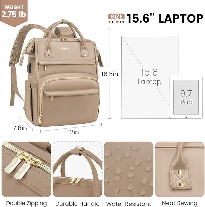 LOVEVOOK Leather Laptop Backpack for Women 15.6 inch,Travel Backpack Purse Nurse Teacher Backpack Computer Laptop Bag,Professional College Business Work Bags Carry On Backpack with USB Port,Sandy