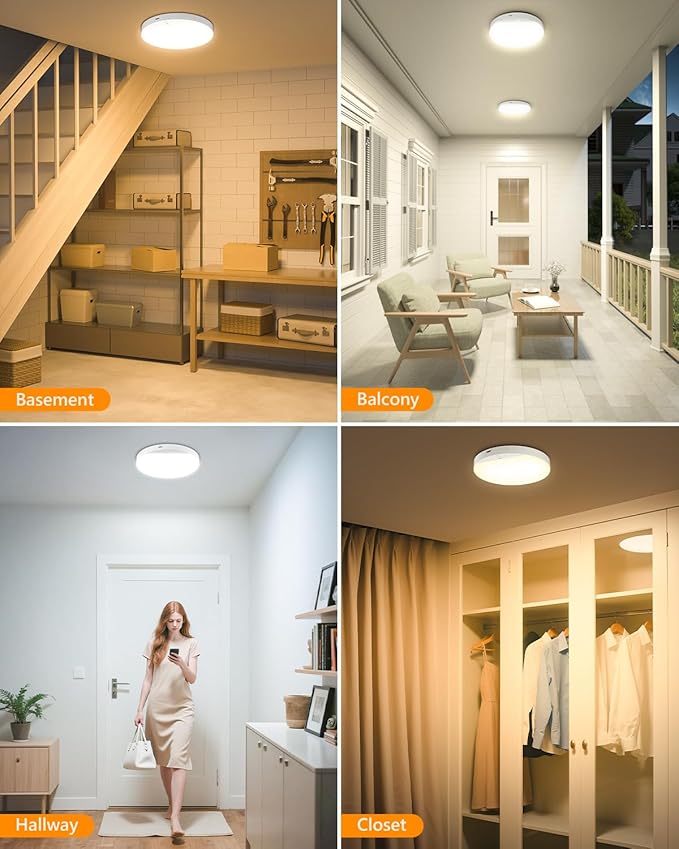 Rechargeable 8W Motion Sensor Ceiling Light Indoor, No Wiring & Magnetic Stick-On, Remote Control for Color & Brightness, Battery Operated Light for Shower, Closet, Bathroom, Pantry, Hallway, 2-Pack