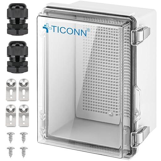 TICONN Outdoor Electrical Box Waterproof, Junction Box IP67 ABS Plastic Enclosure with Hinged Cover with Mounting Plate, Wall Brackets, Cable Glands (Clear, 8.7"x6.7"x4.3")