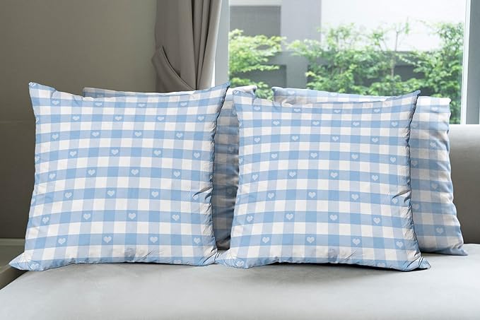 Ambesonne Checkered Decorative Throw Pillow Case Pack of 4, Gingham Motif with Little Hearts Pastel Blue Shower Theme, Cushion Cover for Couch Living Room Car, 16", Pale Blue White