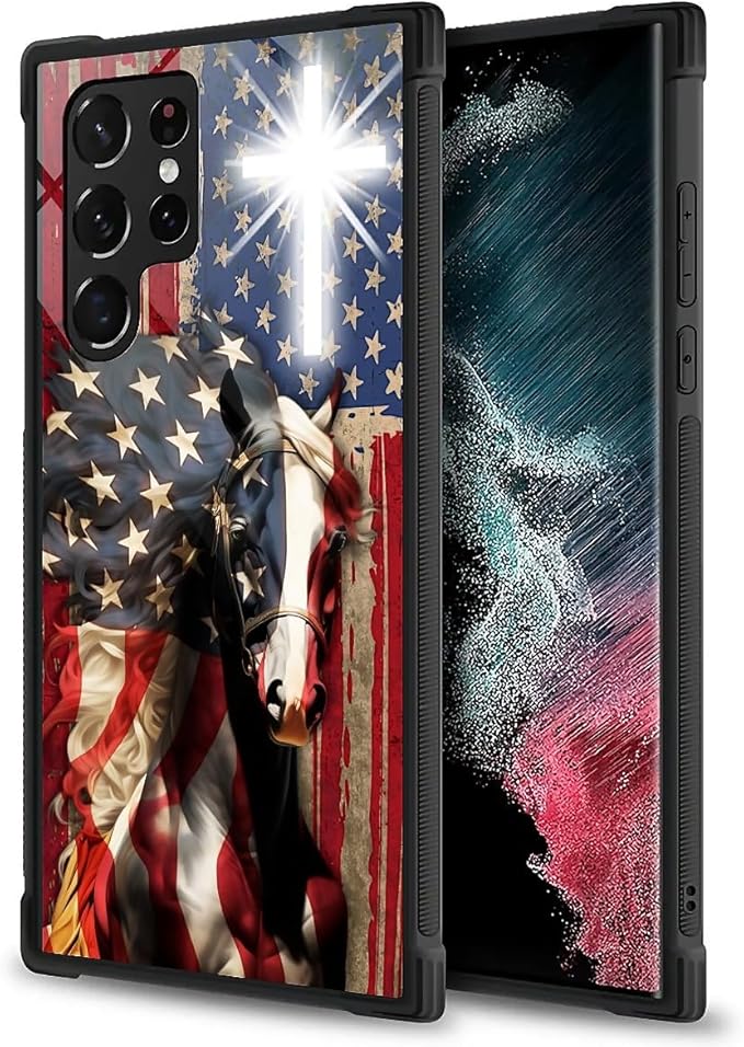 for Samsung Galaxy S23 Ultra Case, Red American Flag Horse Cross Pattern Graphic Design Girl Boy Soft Silicone Hard Acrylic Shock Protection for Samsung Galaxy S23 Ultra