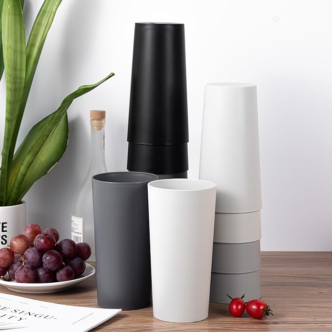 26-ounce Plastic Drinking Glasses Stackable Tumblers Water Cups Mixed Drinkware, set of 12 Grey Stone Reusable Shatter-resistant Dishwasher Safe