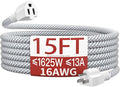 16/3 Braided Extension Cord 15 FT, Braided Extension Cord Flexible & Durable, Indoor 3 Prong Power Cable, Suitable for Home and Office, 13 Amp 1625 Watt 125VAC 16AWG, ETL Listed