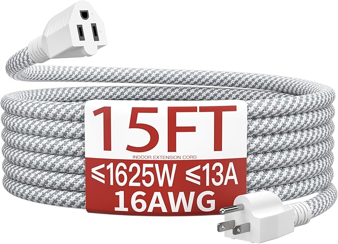 16/3 Braided Extension Cord 15 FT, Braided Extension Cord Flexible & Durable, Indoor 3 Prong Power Cable, Suitable for Home and Office, 13 Amp 1625 Watt 125VAC 16AWG, ETL Listed