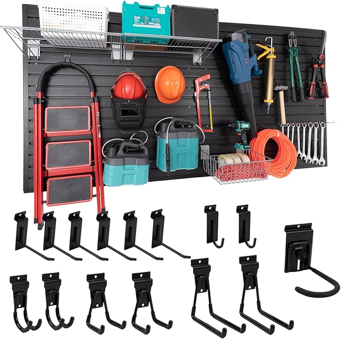 FRAYSCENT Slat Wall Paneling Garage Slat Wall Storage Systems Slatwall Panels Power Tool Organizer Wall Mount, PVC Garage Storage & Organization Products Slate Board (Black, 4ft x 8ft with 15 Hooks)