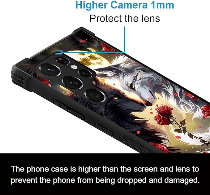for Samsung Galaxy S23 Ultra Case, Black White Wolf Moon Flower Rose Pattern Graphic Design Girl Boy Soft Silicone Hard Acrylic Shock Protection for Samsung Galaxy S23 Ultra