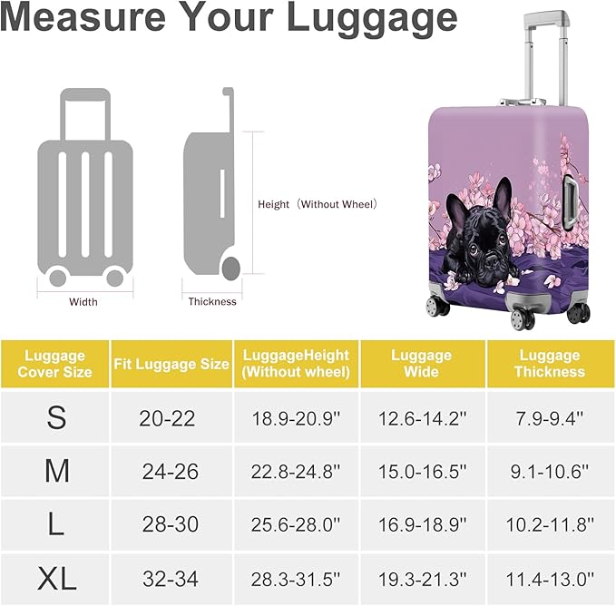 ANNA QUEEN French Bulldog Luggage Cover, Cute Black Dog with Pink Flowers Suitcase Protector, Stretchable Washable Travel Sleeve for 28-30 Inch Luggage