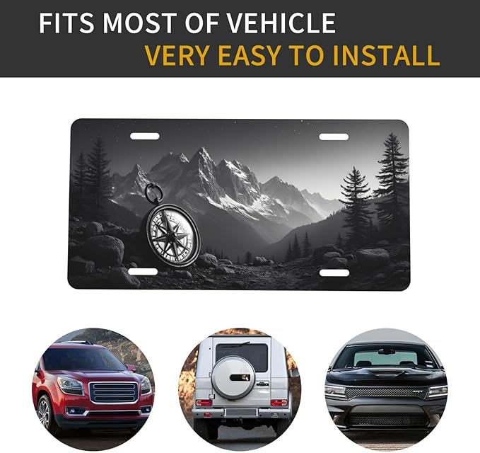 Mountain Compass License Plate Black White Adventure Design - Premium Aluminum 12x6 Waterproof Outdoor Hiking Car Decor Gift Vanity Plate - Flat Print