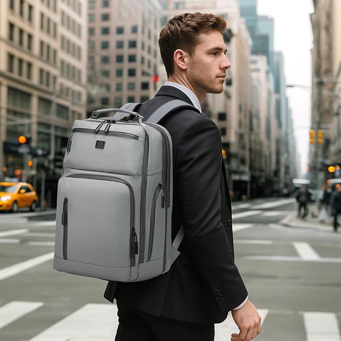 Expandable Business Backpack with 17" Laptop Compartment - Waterproof, Airline Approved, 33L-42L Capacity, for Work & Travel, Gray