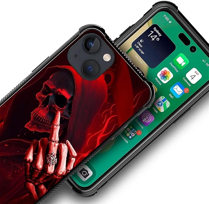 for iPhone 14 Plus Case, Gestures Funny Skull Pattern Graphic Design Girl Boy Soft Silicone Hard Acrylic Shock Protection for iPhone 14 Plus