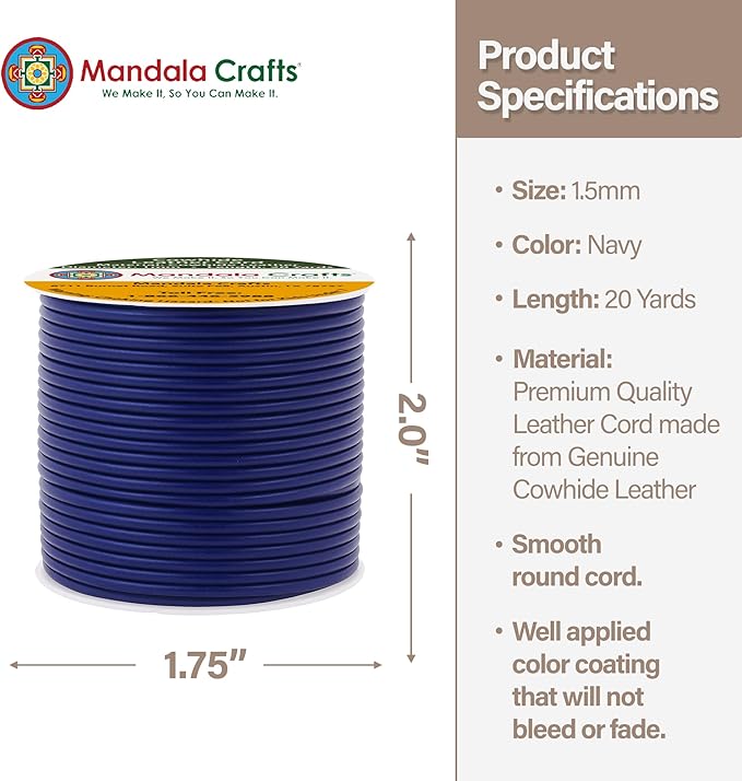 Mandala Crafts Round Genuine Navy Blue Leather Cord for Jewelry Making – 1mm Cowhide Leather Rope String Lace for Kumihimo – 20 Yards Cowhide Craft Cording Spool