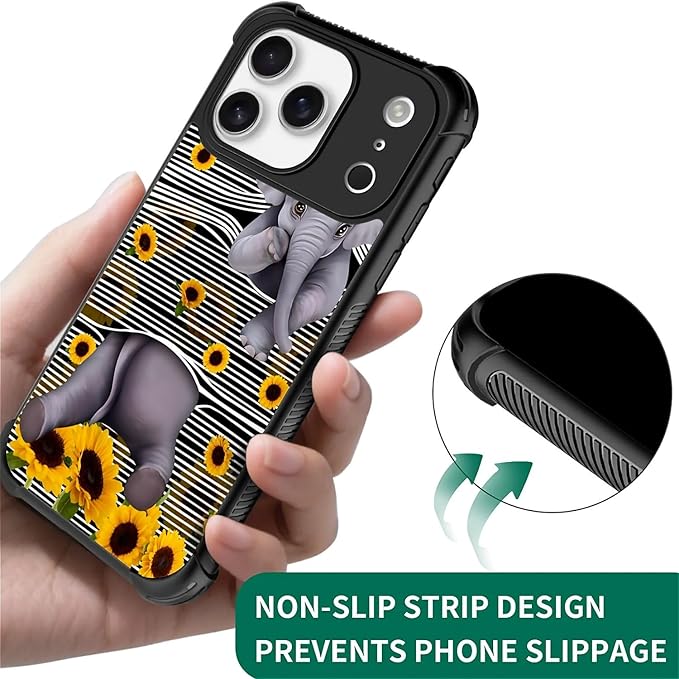 for iPhone 17 Pro Case,for MagSafe Graphic Design for Girl Boy Soft Silicone Hard Acrylic Shock Protection Designed for iPhone 17 Pro Cute Little Elephant Sunflower White Line Art Pattern