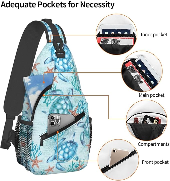 Sea Turtle Sling Backpack for Women Men - Fashion Crossbody Shoulder Chest Bag for Travel, Hiking, Casual Sport Daypack
