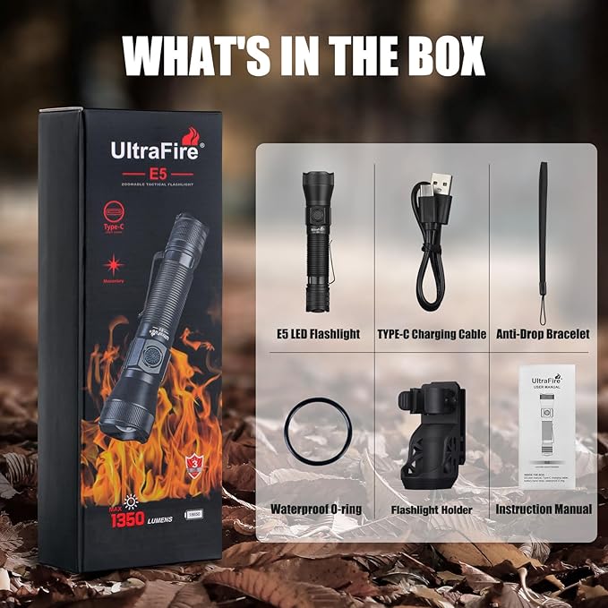 ULTRAFIRE Tactical EDC Flashlight with Holster,1350 High Lumens Rechargeable Police Flashlight with Belt Holder,Zoomable LED Flashlights for Emergency,Law Enforcement Torch E5
