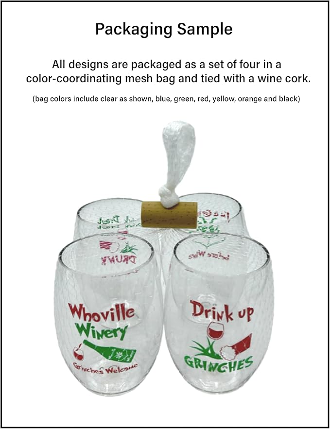 Set of 4 Shatterproof Designer 16 oz Plastic Wine Glasses MADE in the USA (GUMBO)