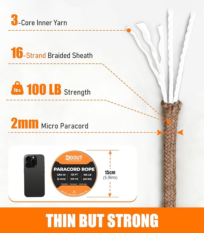 DDOUT 2mm Paracord 100lb, Thin Micro Paracord Rope, Tan 125FT Nylon Cord for Crafting, DIY Projects, Fishing, Camping & Outdoor